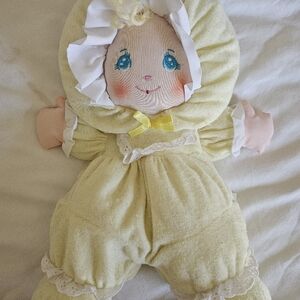 Vintage 1991 Well-Made Plush Baby Doll Yellow Bonnet Nursery Toy